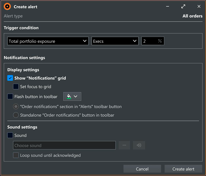 Create alert dialog for all orders with total portfolio exposure trigger